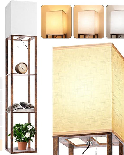 Floor Lamp with Shelves for Living Room Brown, Shelf Floor Lamp with 3 CCT LED Bulb, Corner Display Standing Column Lamp Etagere Organizer Tower Nightstand with White Linen Shade for Bedroom - LeafyLoom