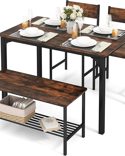 Dining Table Set for 4, Dinette Set w/Bench & Chairs, 2-Person Kitchen Table and Chairs w/Metal Frame & Storage Rack, Space-Saving Kitchen Table w/Bench for Apartment (Rustic Brown), Small - LeafyLoom