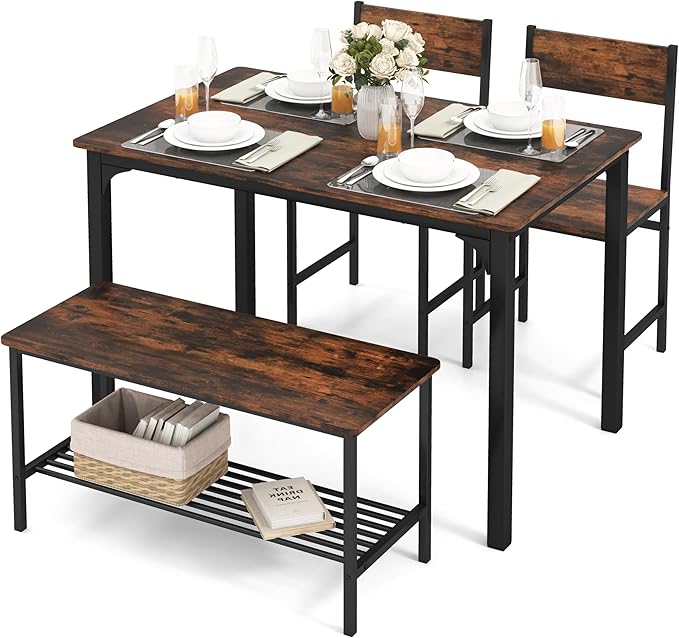 Dining Table Set for 4, Dinette Set w/Bench & Chairs, 2-Person Kitchen Table and Chairs w/Metal Frame & Storage Rack, Space-Saving Kitchen Table w/Bench for Apartment (Rustic Brown), Small - LeafyLoom