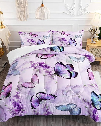 Purple Lavender Butterfly Comforter Set for Girl Kid Adult Colorful Butterfly Pattern Bedding Set Aesthetics Butterflies Quilt Bed Set Twin Size with 1 Comforter and 2 Pillowcases - LeafyLoom