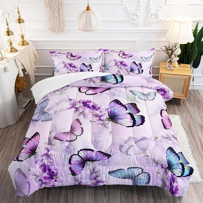 Purple Lavender Butterfly Comforter Set for Girl Kid Adult Colorful Butterfly Pattern Bedding Set Aesthetics Butterflies Quilt Bed Set Twin Size with 1 Comforter and 2 Pillowcases - LeafyLoom