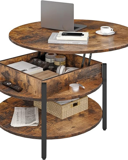 FABATO Round Lift Top Coffee Table for Living Room, 35.43'' Round Coffee Table with Storage and Hidden Compartment, 2 Tier Large Farmhouse Coffee Table Round Dining Table, Rustic Brown - LeafyLoom