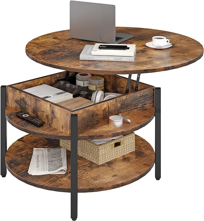 FABATO Round Lift Top Coffee Table for Living Room, 35.43'' Round Coffee Table with Storage and Hidden Compartment, 2 Tier Large Farmhouse Coffee Table Round Dining Table, Rustic Brown - LeafyLoom