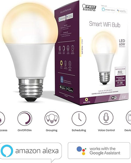 Feit Electric OM60/927CA/AG 60W Equivalent WiFi Dimmable, No Hub Required, Alexa Google Assistant A19 Smart LED Light Bulb, 4.4" H x 2.3" D, 2700K Soft White FeitElectricCompany