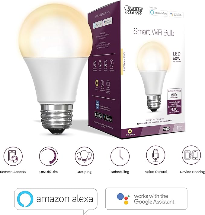 Feit Electric OM60/927CA/AG 60W Equivalent WiFi Dimmable, No Hub Required, Alexa Google Assistant A19 Smart LED Light Bulb, 4.4" H x 2.3" D, 2700K Soft White FeitElectricCompany
