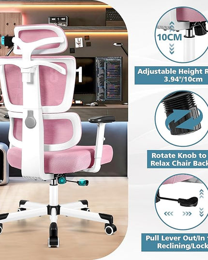 Primy Office Chair Ergonomic Desk Chair, High Back Computer Gaming Chair, Comfy Big and Tall Home Office Chair with Lumbar Support, Breathable Mesh Reclining Chair Adjustable Armrests Headrest(Pink) - LeafyLoom