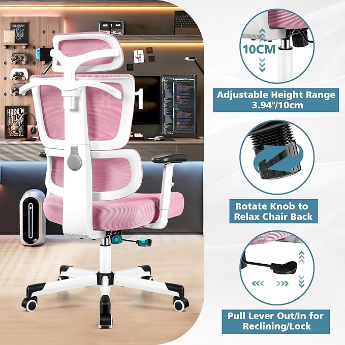 Primy Office Chair Ergonomic Desk Chair, High Back Computer Gaming Chair, Comfy Big and Tall Home Office Chair with Lumbar Support, Breathable Mesh Reclining Chair Adjustable Armrests Headrest(Pink) - LeafyLoom
