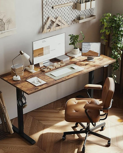 Electric Standing Desk, Large 63 x 24 Inches Height Adjustable Desk, Sit Stand up Desk for Work Office Home, Splice Board, Rustic Brown - LeafyLoom