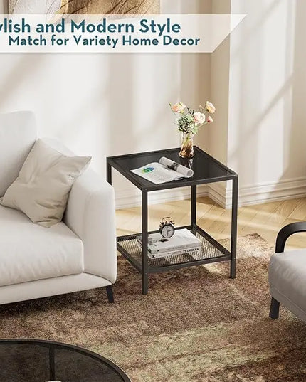 SAYGOER Black Side Table Small Glass End Table 2-Tier Narrow Square Bed Side Table Sofa Small Leisure Table with Black Metal Frane for Living Room Bedroom Balcony Patio, Black Glass - LeafyLoom