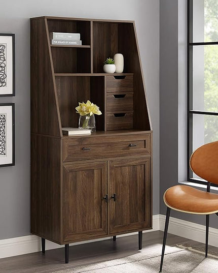 Walker Edison Secretary Hutch Wood Desk with Keyboard Drawer Bookshelf Storage Home Office Storage Cabinet, 64 Inch, Dark Walnut - LeafyLoom
