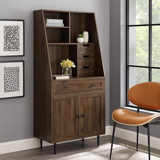 Walker Edison Secretary Hutch Wood Desk with Keyboard Drawer Bookshelf Storage Home Office Storage Cabinet, 64 Inch, Dark Walnut - LeafyLoom