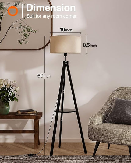 addlon Tripod floor lamp with remote, floor lamps for living room, standing wood lamp with shelf, mid century lamp with LED bulb for bedroom, office (Stepless brightness, multiple CCT)- Black - LeafyLoom