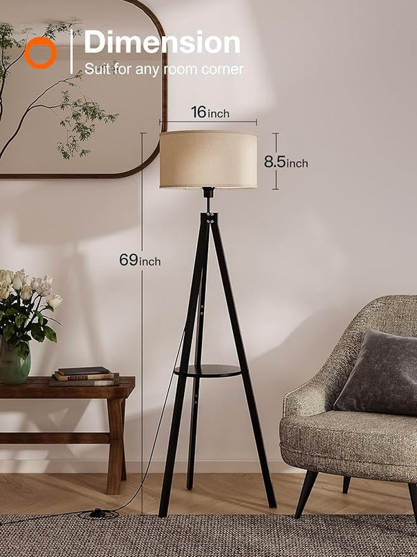 addlon Tripod floor lamp with remote, floor lamps for living room, standing wood lamp with shelf, mid century lamp with LED bulb for bedroom, office (Stepless brightness, multiple CCT)- Black - LeafyLoom