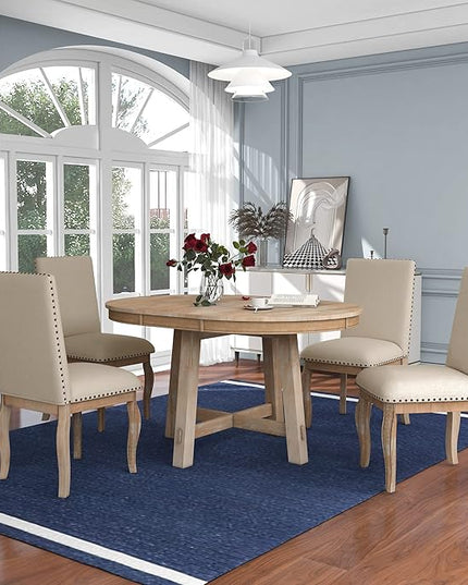 NicBex Round Dining Table Dining Room Set 5-Piece Farmhouse Dining Table Set Wood Round Extendable Dining Table and 4 Upholstered Dining Chairs for Set, Natural Wood Wash - LeafyLoom