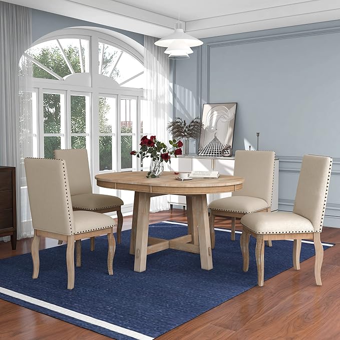 NicBex Round Dining Table Dining Room Set 5-Piece Farmhouse Dining Table Set Wood Round Extendable Dining Table and 4 Upholstered Dining Chairs for Set, Natural Wood Wash - LeafyLoom