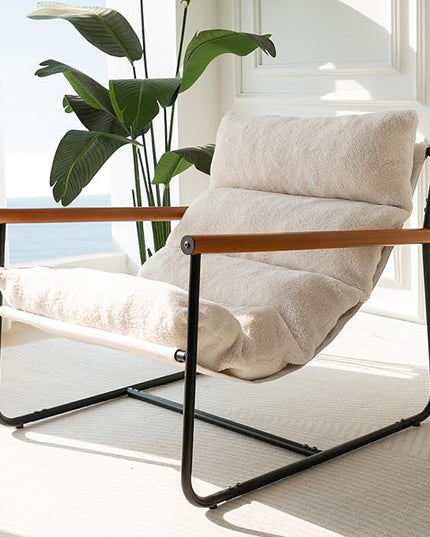 MAXYOYO Sherpa Accent Chair, Boucle Arm Chair Living Room Chair, Reading Accent Chair, Mid Century Modern Bedroom Chair,Teddy Armchair Wooden Arms Metal Frame - LeafyLoom