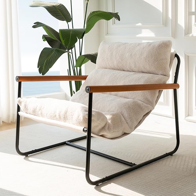 MAXYOYO Sherpa Accent Chair, Boucle Arm Chair Living Room Chair, Reading Accent Chair, Mid Century Modern Bedroom Chair,Teddy Armchair Wooden Arms Metal Frame - LeafyLoom
