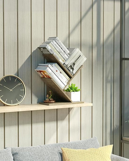 3 Tier Small Tree Bookshelf Storage Organizer Shelves Floor Standing Bookcase Desk Wood Storage Rack for Home Office Living Room Bedroom Display for Book Magazine CD manga Oak Grey - LeafyLoom