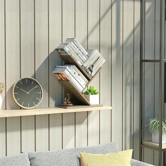 3 Tier Small Tree Bookshelf Storage Organizer Shelves Floor Standing Bookcase Desk Wood Storage Rack for Home Office Living Room Bedroom Display for Book Magazine CD manga Oak Grey - LeafyLoom