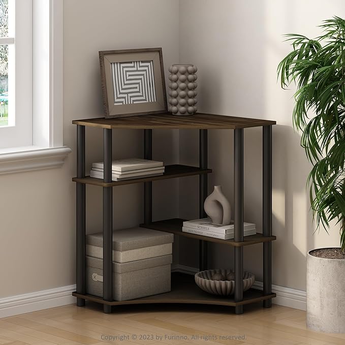 Furinno Turn-N-Tube Multipurpose Corner Shelf, Display Rack, Bookshelf, Columbia Walnut/Black - LeafyLoom