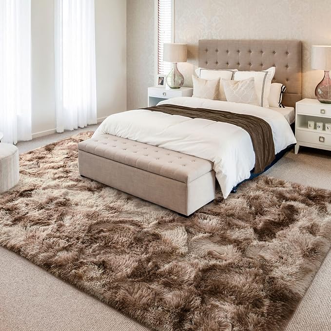4x6 Large Area Rugs for Living Room, Super Soft Fluffy Modern Bedroom Rug, Tie-Dyed Brown Indoor Shag Fuzzy Carpets for Girls Kids Nursery Room Home Decor - LeafyLoom