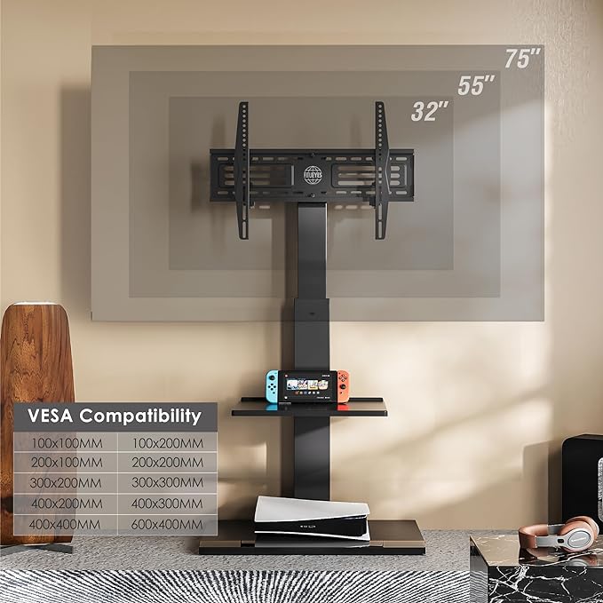 FITUEYES Iron Base Universal Floor TV Stand Swivel Tilt Mount TV Stand Base for 32-75 Inch TVs Corner TV Stand with Height Adjustable Entertainment Shelves Wire Management (Black) - LeafyLoom