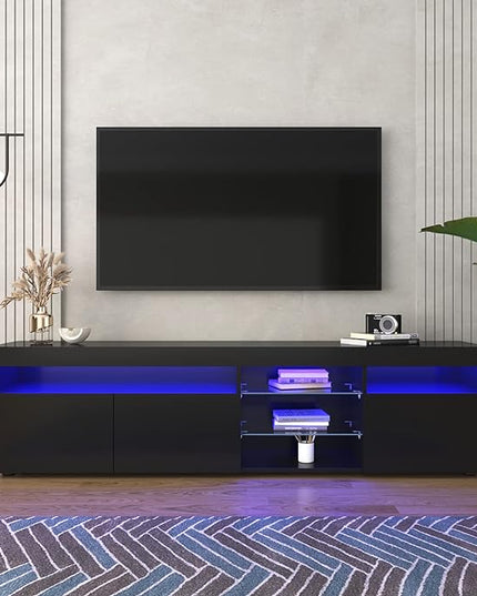 Merax LED TV Stand for 80" TVs with Multi-Functional Storage, Modern Television Cabinet Table Media Console with Drawer and Led Lights, High Glossy Entertainment Center for Living Room Bedroom, Black - LeafyLoom
