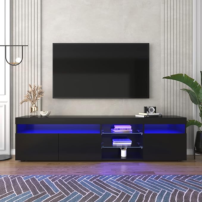 Merax LED TV Stand for 80" TVs with Multi-Functional Storage, Modern Television Cabinet Table Media Console with Drawer and Led Lights, High Glossy Entertainment Center for Living Room Bedroom, Black - LeafyLoom