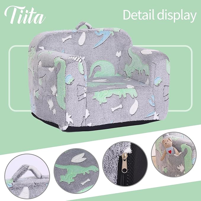 Tiita Kids Sofa, Children Couch with Carrying Handle & Side Pockets, Kids Foam Chair, Toddler Armrest Chair,Kids Read Sofa for Girl or Boy(Dark Grey Dinosaur) - LeafyLoom