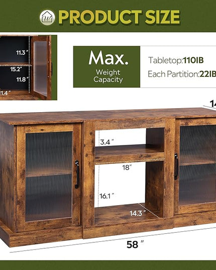 WLIVE TV Stand for 65 Inch TV, Retro Entertainment Center with Glass Cabinet Doors, 58" TV Stands for Living Room and Bedroom, Vintage Television Console, Rustic Brown - LeafyLoom