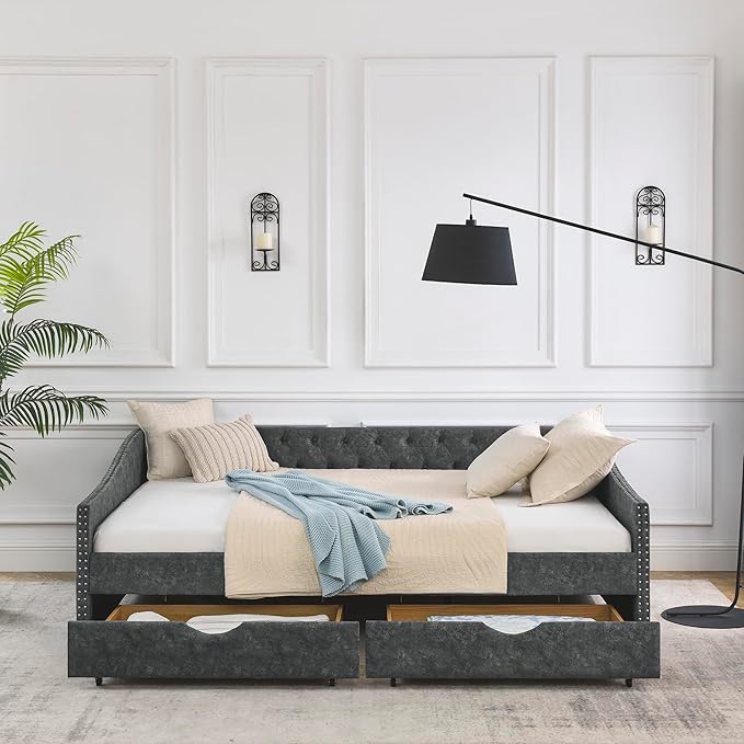 Queen Size Daybed with 2 Storage Drawers,Linen Upholstered Sofa Bed W/Button on Back & Copper Nail on Waved Shape Armrests,No Spring Box Need,Wood Bedframe for Living Room Bedroom Dorm,Grey - LeafyLoom