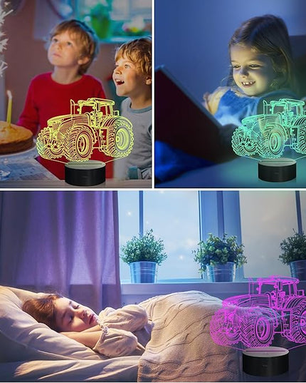 Attivolife Tractor 3D Illusion Night Lamp, 16 Color Changing Dimmable Hologram Lighting, Timer Toy USB Charge Table Desk Bedroom Decoration Creative Gift for Kid Boy with Remote Control - LeafyLoom