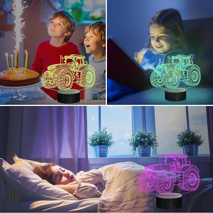 Attivolife Tractor 3D Illusion Night Lamp, 16 Color Changing Dimmable Hologram Lighting, Timer Toy USB Charge Table Desk Bedroom Decoration Creative Gift for Kid Boy with Remote Control - LeafyLoom