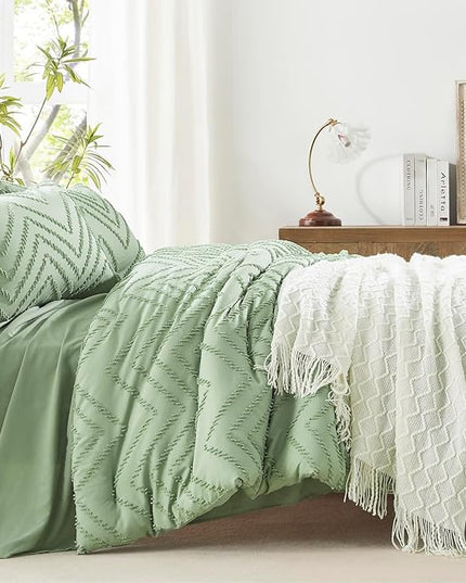 Anluoer Full Comforter Set, Sage Green, 7 Pieces with Sheets, All Season Bedding, Extra Cozy Down Alternative, Machine Washable - LeafyLoom