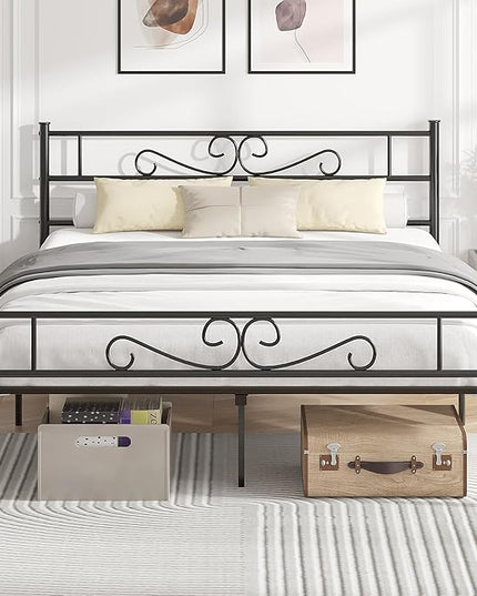 VECELO Queen Size Bed Frame with Headboard, 14 Inch Metal Platform Mattress Foundation, No Box Spring Needed, Squeak Resistant, Easy Assembly, Matte Black - LeafyLoom