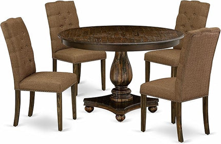 East West Furniture F2EL5-718 Ferris 5 Piece Kitchen Set Includes a Round Dining Table with Pedestal and 4 Brown Linen Fabric Parson Chairs, 48x48 Inch - LeafyLoom