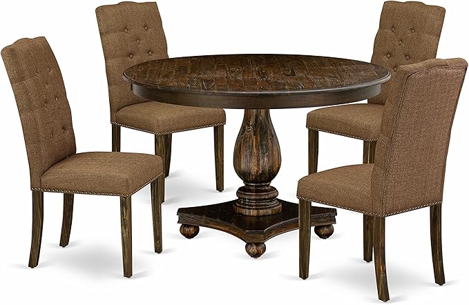 East West Furniture F2EL5-718 Ferris 5 Piece Kitchen Set Includes a Round Dining Table with Pedestal and 4 Brown Linen Fabric Parson Chairs, 48x48 Inch - LeafyLoom