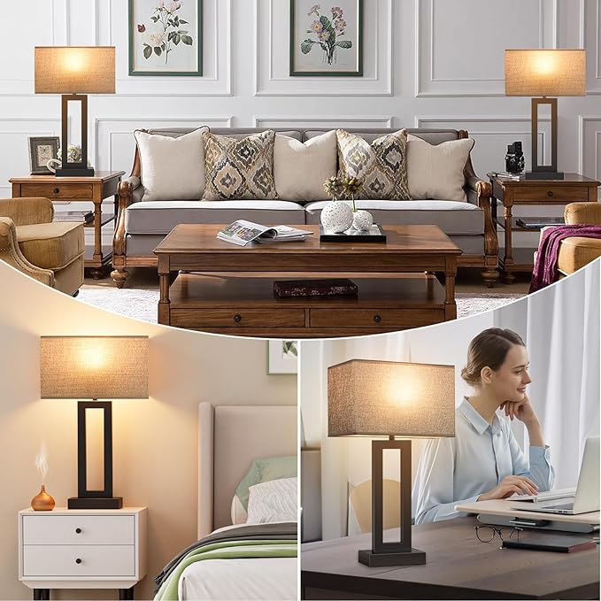 22" Tall Living Room Lamps for Night Stands - Touch Bedside Lamp with USB C+A, 3 Way Dimmable bedroom Lamps for End Tables Set of 2, Modern Night Stand Lamps for Bed Side(Grey&Black) - LeafyLoom