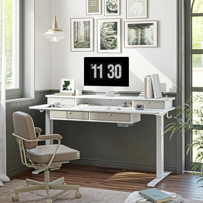 FEZIBO Sturdy Height Adjustable Electric Standing Desk with Drawers, 48 x 24 Inch Stand Up Table with Large Storage Shelf, Sit Stand Desk, White Top - LeafyLoom