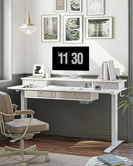 FEZIBO Sturdy Height Adjustable Electric Standing Desk with Drawers, 55 x 24 Inch Stand Up Table with Large Storage Shelf, Sit Stand Desk, White Top - LeafyLoom