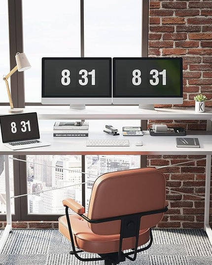 ODK Computer Desk with Adjustable Monitor Shelves, 55 inch Home Office Desk with Monitor Stand, Writing Desk, Study Workstation with 3 Heights (10cm, 13cm, 16cm), White + White leg - LeafyLoom