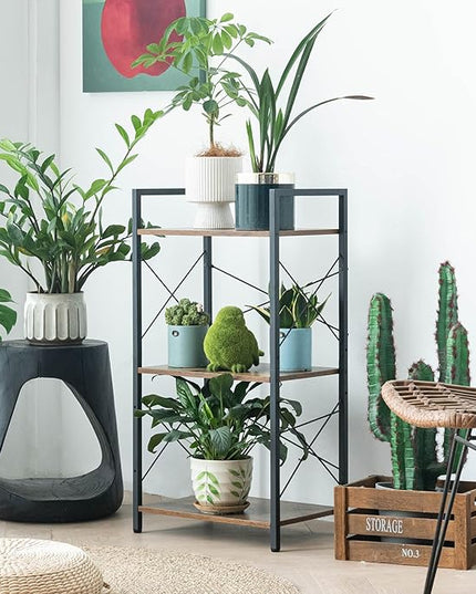 HCHQHS Small Bookshelf, Adjustable 3-Tier Industrial Bookcase, Rustic Open Book Shelf, Wood and Metal Horizontal Bookshelves - LeafyLoom