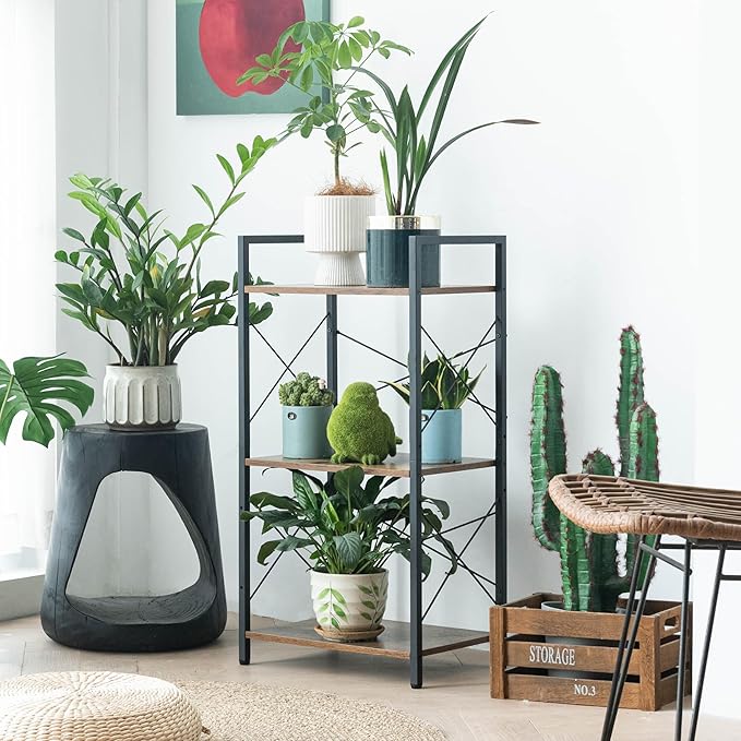 HCHQHS Small Bookshelf, Adjustable 3-Tier Industrial Bookcase, Rustic Open Book Shelf, Wood and Metal Horizontal Bookshelves - LeafyLoom