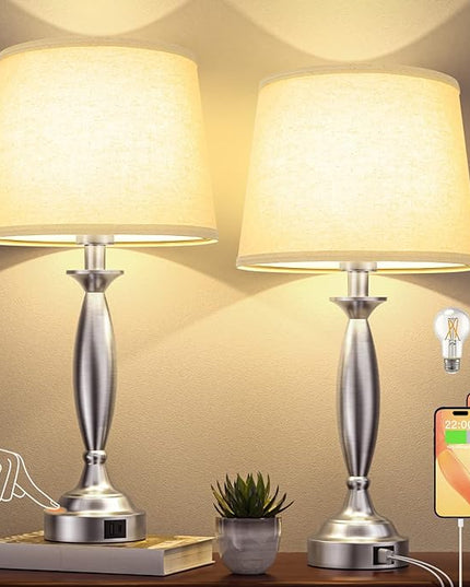 Beige Lamps for Bedrooms Set of 2 - Touch Control Bedside Lamp with USB C+A, 3 Way Dimmable Nightstand Lamps with USB Port, Table Lamp for Living Room(Beige Shade and Nickel Base) - LeafyLoom
