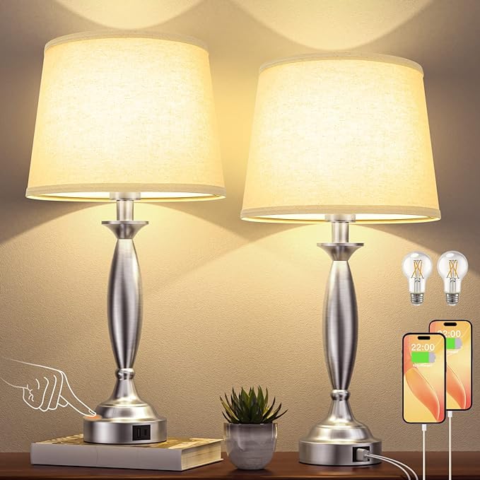 Beige Lamps for Bedrooms Set of 2 - Touch Control Bedside Lamp with USB C+A, 3 Way Dimmable Nightstand Lamps with USB Port, Table Lamp for Living Room(Beige Shade and Nickel Base) - LeafyLoom