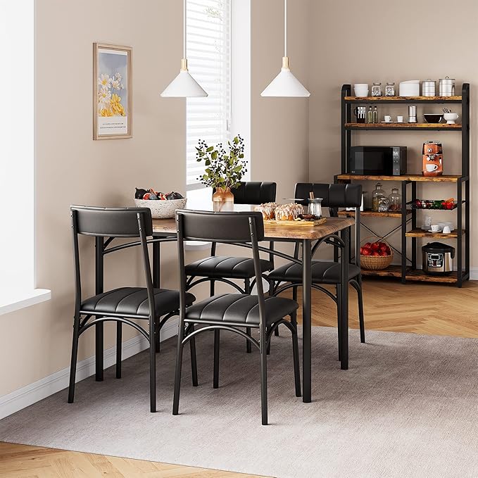 IDEALHOUSE Dining Table Set for 4, Kitchen Table and Chairs for 4 with Upholstered Chairs, 5 Piece Rectangular Kitchen Table Set, Dining Room Table Set for Small Space, Apartment, Rustic Brown - LeafyLoom