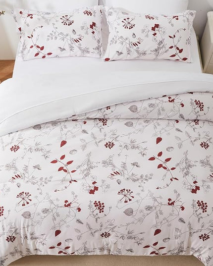 EMME Queen Comforter Set - Red Floral Bedding Set 7 PCS with Flowers Leaves Pattern, Soft Plant Printed Botanical Bed Set with Sheets, Fluffy Bed Bag for All Season(90"X90") - LeafyLoom