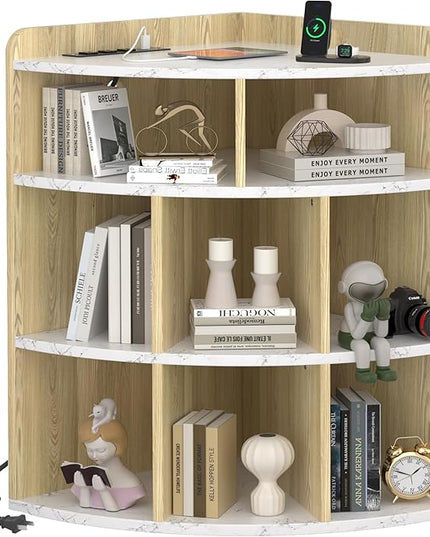 Vecelo Corner Cabinet with Charging Station, 3-Tier Cube Storage Organizer with USB Ports and Outlets, Triangle Bookcases Corner Shelf with 8 Cubbies for Playroom, Bedroom, Living Room, Marble White - LeafyLoom