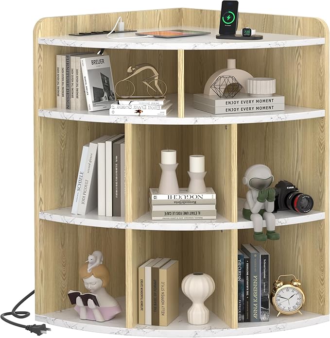 Vecelo Corner Cabinet with Charging Station, 3-Tier Cube Storage Organizer with USB Ports and Outlets, Triangle Bookcases Corner Shelf with 8 Cubbies for Playroom, Bedroom, Living Room, Marble White - LeafyLoom