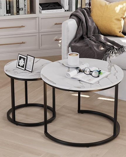 White Nesting Coffee Table Set of 2, 23.6" Round Coffee Table Wood Grain Top with Adjustable Non-Slip Feet, Industrial End Table Side Tables for Living Room Bedroom Balcony Yard - LeafyLoom